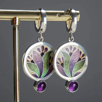 Aretes Boho con Cristales Morados Estilo Vintage | Oro Blanco