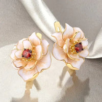 Aretes de Zirconia Roja Flor Blanca | Oro