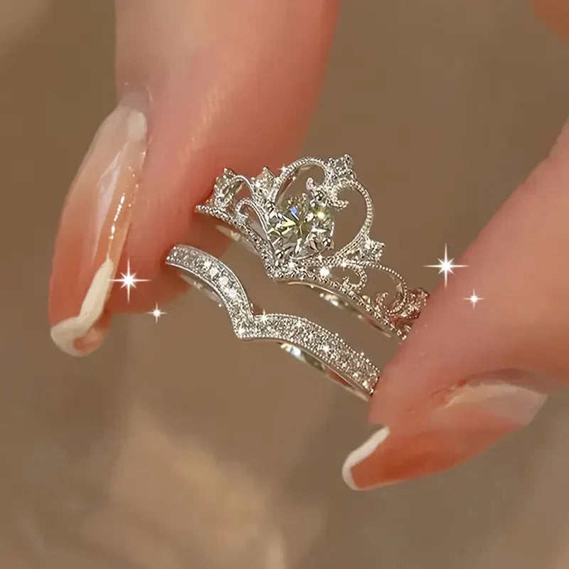 Set de Anillos Corona Plata Brillante | Oro Blanco