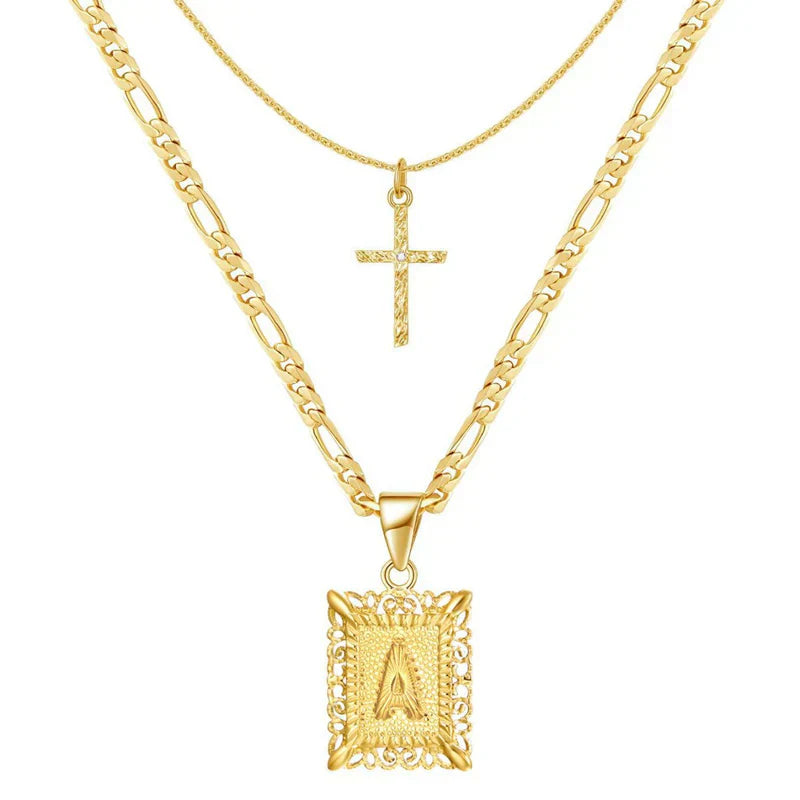 Set de Collar con Inicial y Cruz | Oro