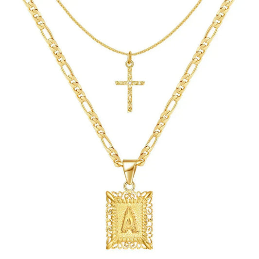 Set de Collar con Inicial y Cruz | Oro