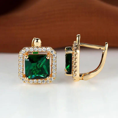 Aretes de Zirconia Cuadrada Verde Dorado | Oro