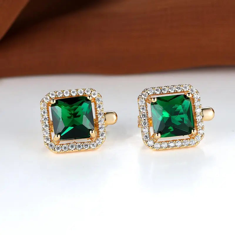 Aretes de Zirconia Cuadrada Verde Dorado | Oro