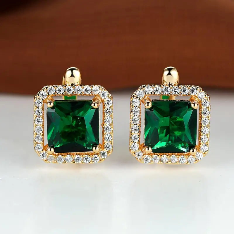 Aretes de Zirconia Cuadrada Verde Dorado | Oro