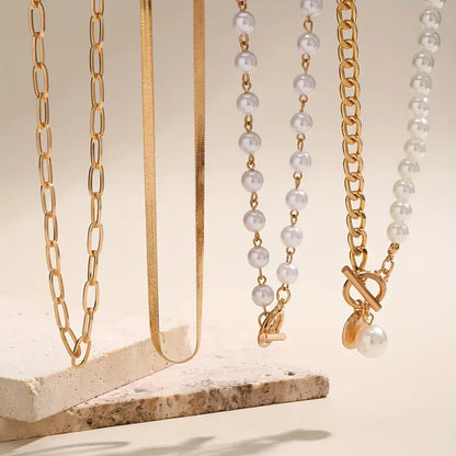 Set de Collar de Cadena Serpiente con Perla Estilo Vintage | Oro