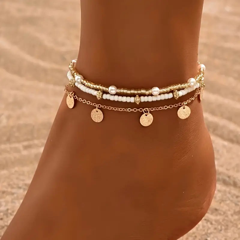 Set de Tobilleras en Capas de 3 Piezas Coastal Charm | Oro