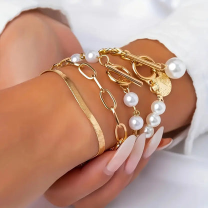 Set de Pulseras Chic de 4 Piezas - Serpiente, Perlas y Eslabones | Oro