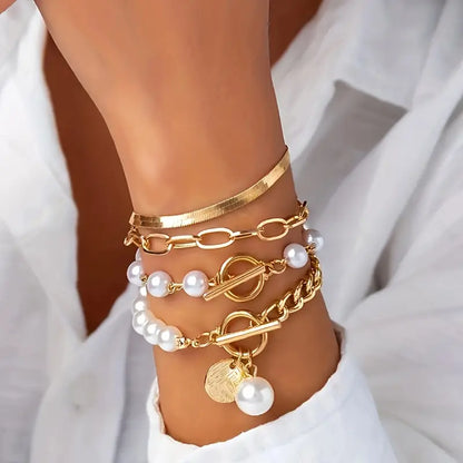 Set de Pulseras Chic de 4 Piezas - Serpiente, Perlas y Eslabones | Oro