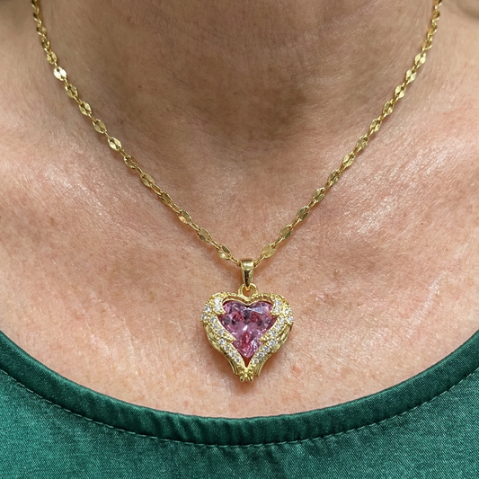 Collar de Corazón Rosa Angel Embrace | Oro