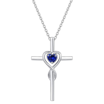 Collar de Cruz con Piedra de Corazón de Zafiro | Oro Blanco