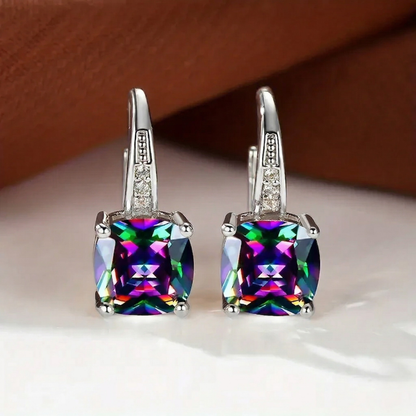 Aretes de Argolla con Piedra Mística | Oro Blanco