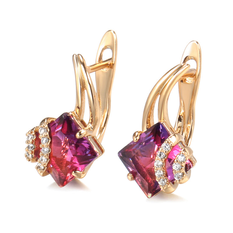 Aretes Cuadrados de Cristal Carmesí | Oro Rosa