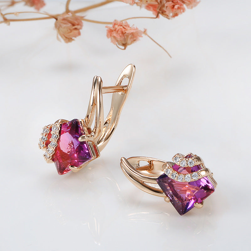 Aretes Cuadrados de Cristal Carmesí | Oro Rosa