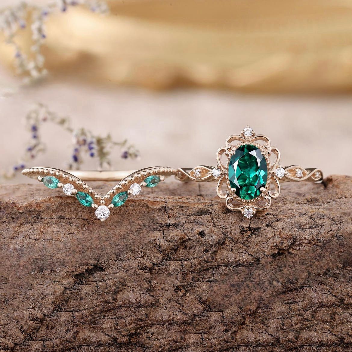 Aurelle Set de Anillos Corona de Esmeralda | Oro Rosa