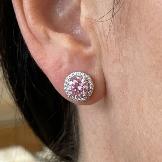 Aretes Stud Redondos Pavé Rosa | Oro Blanco