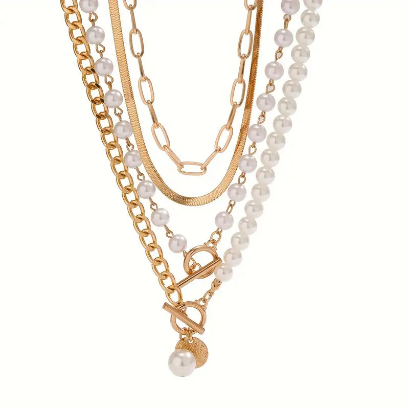 Set de Collar de Cadena Serpiente con Perla Estilo Vintage | Oro