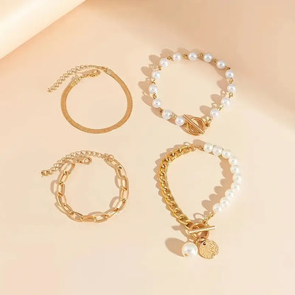 Set de Pulseras Chic de 4 Piezas - Serpiente, Perlas y Eslabones | Oro