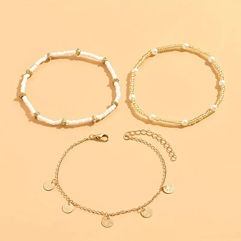 Set de Tobilleras en Capas de 3 Piezas Coastal Charm | Oro