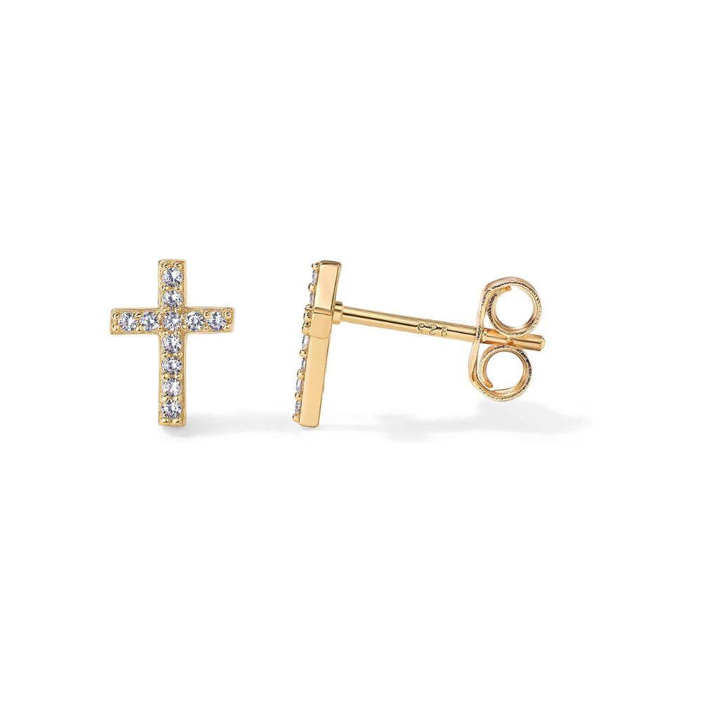 Aretes de Botón de Cruz con Pavé | Oro
